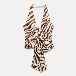 ZARA COTTON ZEBRA PRINT SURPLICE HALTER TOP Brown Beige XL